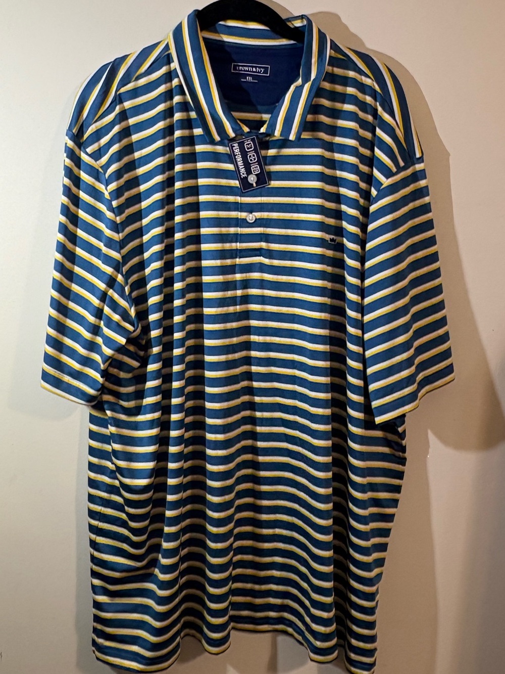 Crown & Ivy performance polo shirt men’s XXL blue yellow white stripes logo NWT